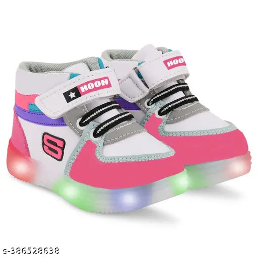 Children's light-up sports shoes, pink and white, LED accents, Velcro closure