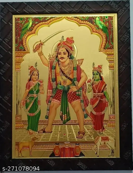 Synthetic resin, 9x12 inch Madurai Veeran Swamy photo frame with Bommi and Vellaiyammal figures, Indian deity artwork on display