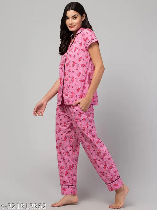 Cotton printed nightsuit for women, short sleeves and pyjama bottom style with Indian origin