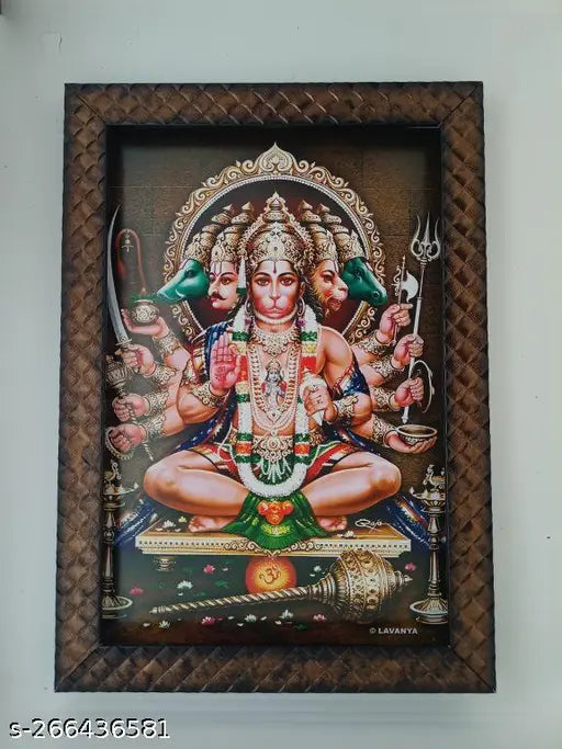 Synthetic resin, 9x12 inch Indian wall hanging featuring Panchmukhi Hanuman ji with five powers symbolism