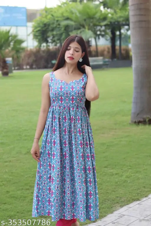 Long, sleeveless blue dress with a V-neckline and flared skirt