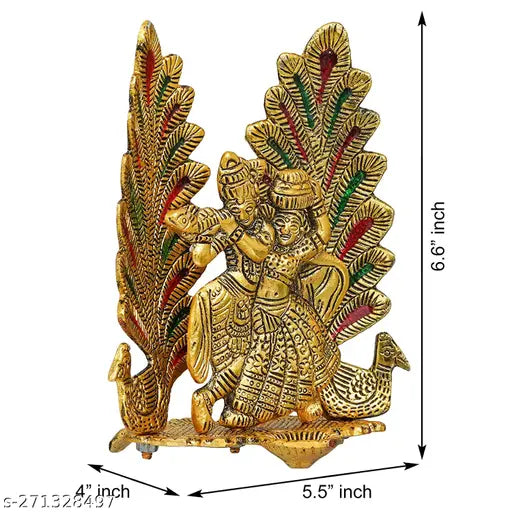 Metal Radha Krishna couple idol, 15cm x 20cm x 10cm, Indian home decoration showpiece for temple, office, or gift