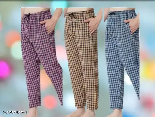 Cotton chake pants in red, blue, and yellow with elastic waistband