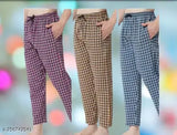 Cotton chake pants in red, blue, and yellow with elastic waistband