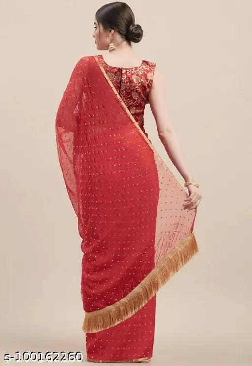 Crush Chiffon red saree with blouse, printed jacquard pattern, India-origin single piece for this season