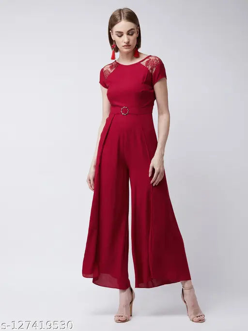 Maroon rayon wide-leg jumpsuit by Miss Chase, featuring pleated waistline, round neck, and short sleeves