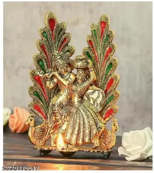 Metal Radha Krishna idol showpiece, ornate Hindu God figurine, 10cm x 10cm x 10cm, handcrafted metal artwork for Diwali, Puja, Vastu decoration