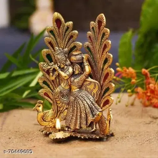 Golden, antique finish Radha Krishna Peacock Diya Metal Statue - Indian home decor & religious gift