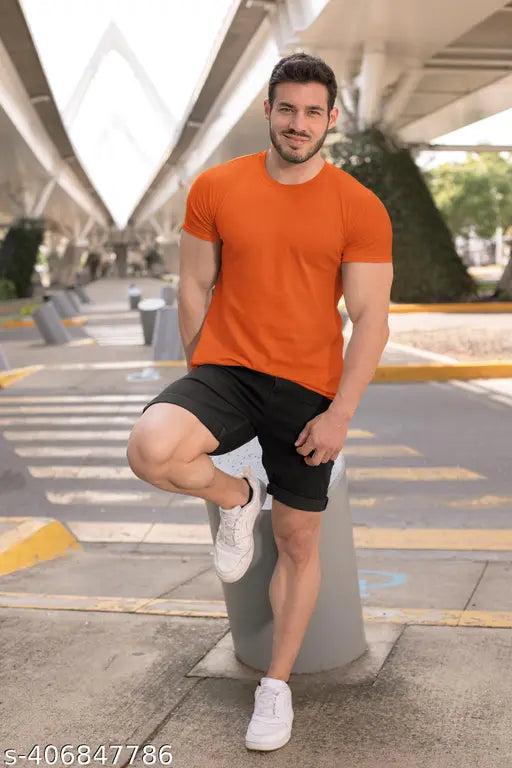 Mens orange polyester half sleeve t-shirt, regular fit for casual party wear