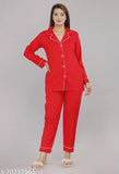 Rayon solid-colored women's shirt-style nightsuit with long sleeves, made in India