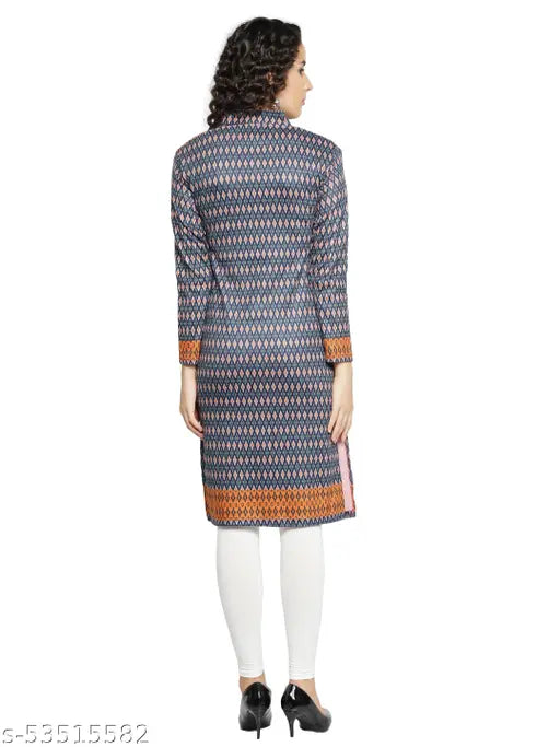 A woman's traditional winter wear A-line woolen straight long prinded solid V-neck kurti dress for women blue