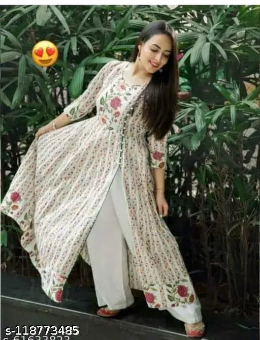 White rayon printed kurtas and palazzos set, three-quarter sleeves, ethnic casual wear. Single size available in S, M, L, XL, XXL, XXXL. Printed design from India