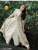 White rayon printed kurtas and palazzos set, three-quarter sleeves, ethnic casual wear. Single size available in S, M, L, XL, XXL, XXXL. Printed design from India