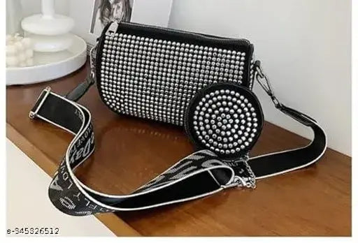 White & Black PU Rhinestone Crossbody Sling Bag with Coin Purse for Fashionable Functionality