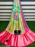 Dusty print Brasso Moss Chiffon saree, soft and smooth Indian summer collection with contrast border and peacock pallu