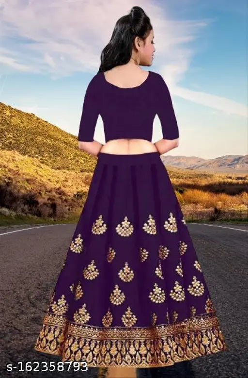 Taffeta embroidered semi-stitched Lehenga Choli, 45 inch length with 3.5m flare, heavy thread and sequin work, suitable for ages 9-14 years, machine washable