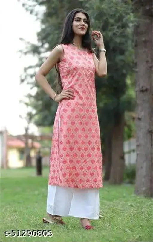 Rayon sleeveless kurta set with palazzos, heavy gold printed design on women's Jivika Alluring outfit. Indian-origin rayon kurta and bottomwear set