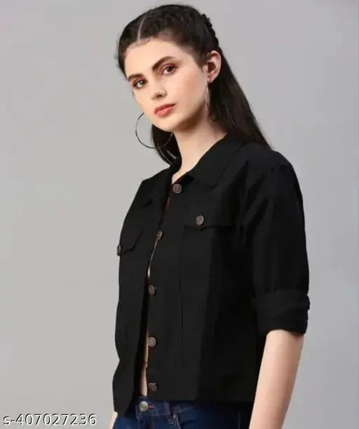 Women's long sleeves black denim jacket, durable and solid pattern for layered style