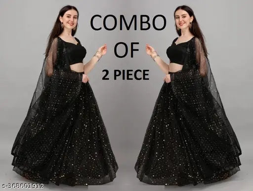 Black-black semi-stitched net Lehenga Choli with embellished blouse. Elegant, semi-stitched Indian lehenga set featuring intricate embroidery and checkered patterns