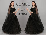 Black-black semi-stitched net Lehenga Choli with embellished blouse. Elegant, semi-stitched Indian lehenga set featuring intricate embroidery and checkered patterns