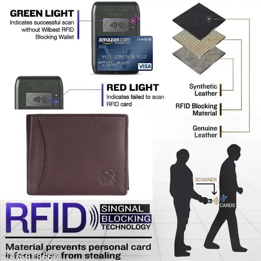 Brown genuine leather RFID wallet with 9 card slots, 2 transparent windows, and 2 currency compartments for men's formal use. Soft to touch with a vintage style and compact design. High-quality classic wallet by MEHZIN, made in India
