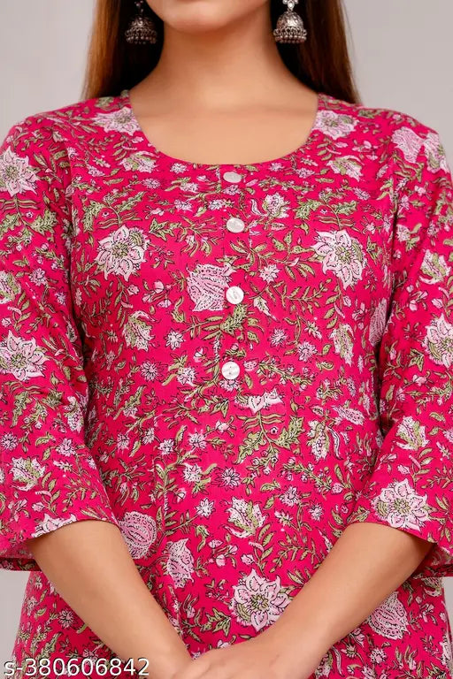 Pink handworked anarkali kurta with floral embroidery, chiffon sleeves, elbow length, crew neckline