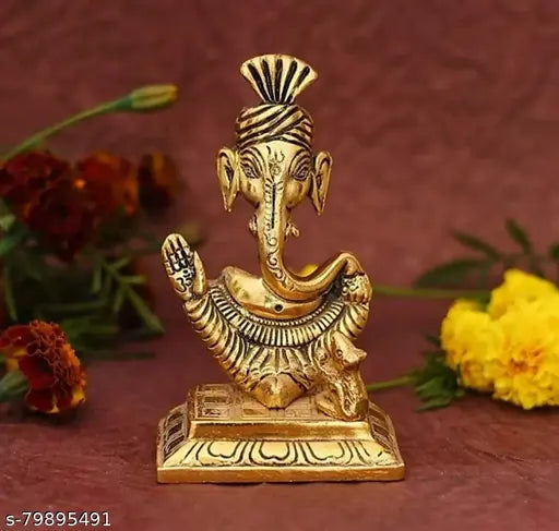 Metal Ganesha Idol Statue with Turban Pagdi, 10cm x 16cm x 6cm, Hindu home decor