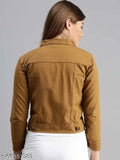 Brown denim casual jacket, three-quarter sleeves, solid pattern, flap pockets