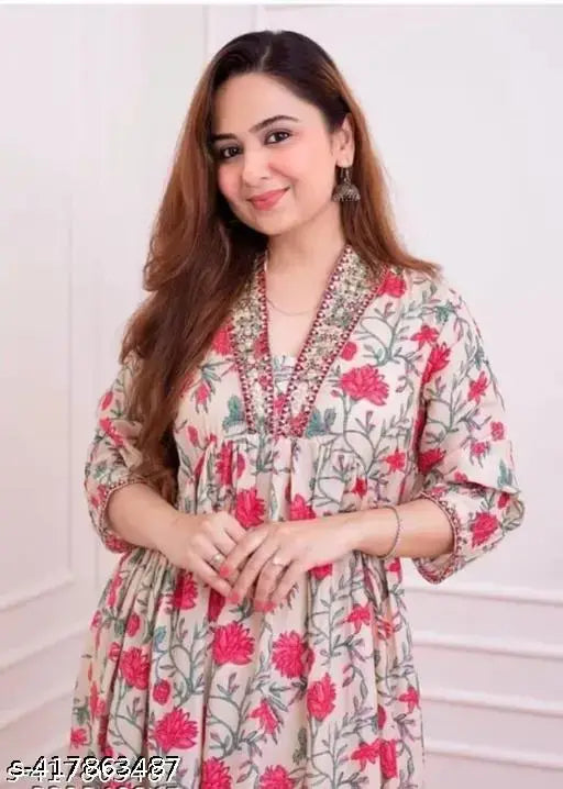Rayon Alia Cut Kurta Pant Set, printed net, three-quarter sleeves, India origin, comfortable and easy-to-wear