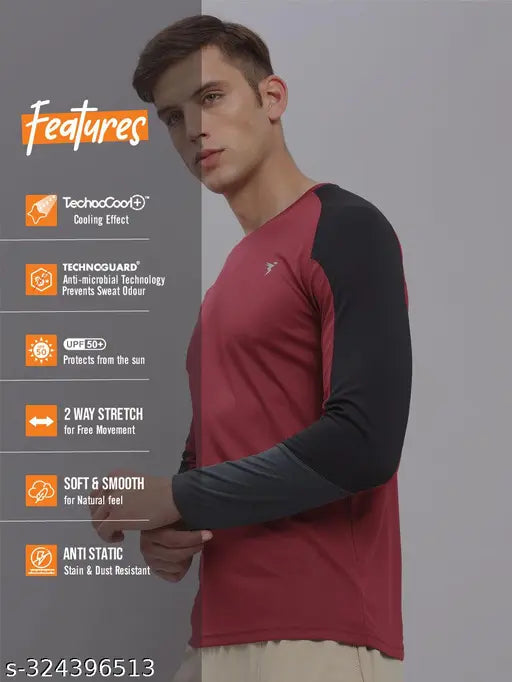 Maroon polyester long-sleeve solid round men's Technosport T-shirt, UPF50+ sun protection, TechnoCool, OdourFree, anti-microbial, 2-way stretch, soft & smooth
