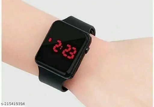 Black digital watch with red numbers, smart led display, strap