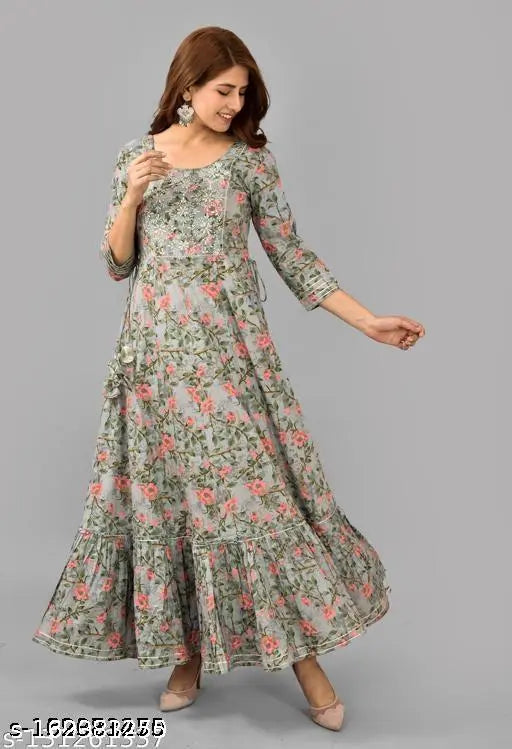 Cotton three-quarter sleeve women's anarkali kurta in floral print, trendy embroidered Indian fashion