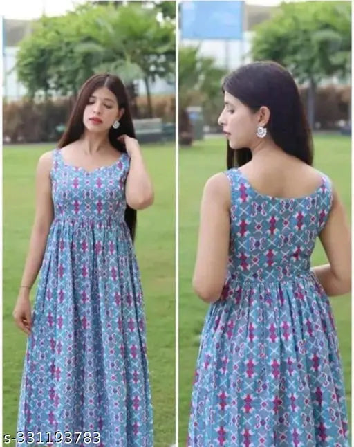 Blue floral printed rayon flared ankle-length dress for women & girls, comfortable and stylish everyday wear