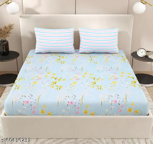 White glace cotton premium king size fitted bedsheet with 2 large pillow covers, elasticated for 360-degree fit, ideal for summer. Packed in zipper bag