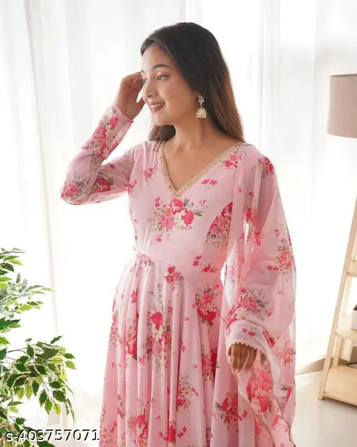 Red Georgette Priya print gown, long sleeves, floral printed dress with stylish dupatta