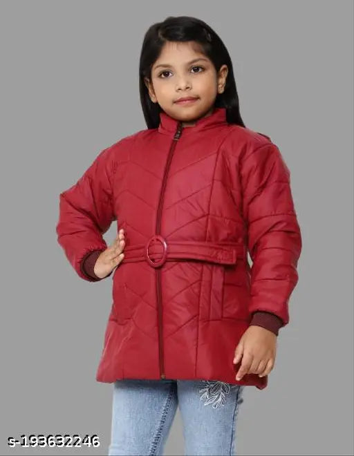 Stylish red puffer coat with zip front, hooded for girls