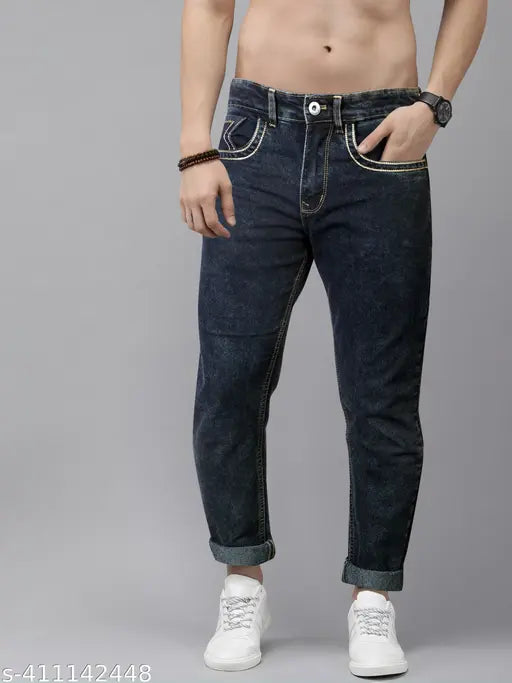Men's slim mid-rise blackcream denim jeans, stretchable, comfortable, fashionable ankle length with sizes 30, 32, 34, 36, 38. India-made denim jeans for men on display stand