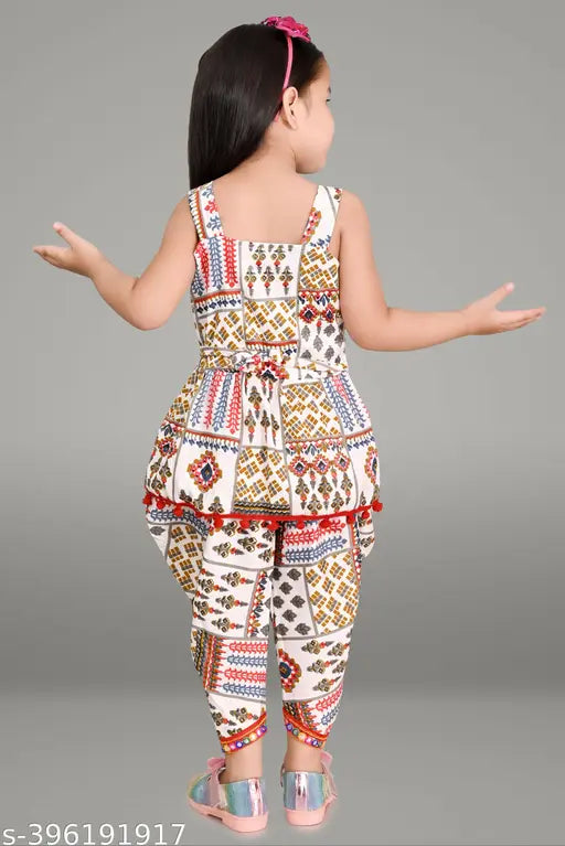 Multicolor printed cotton blend dhoti kurti girls set, self-design A-line top and dhoti pants on display, sizes range from 0-1 years to 7-8 years, Indian origin