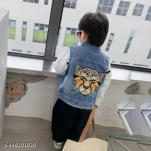 Blue denim sleeveless lion printed jacket for boys, age 3-4 (size 14in), Indian origin