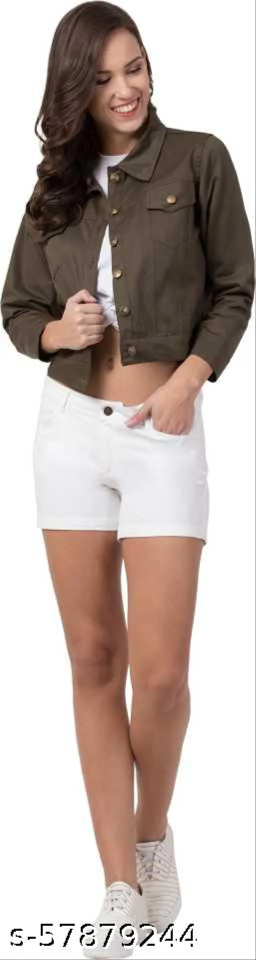 Army green denim jacket, solid pattern, eco-friendly fabric, trendy fashion streetwear