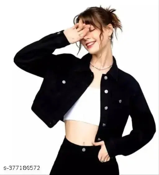 Trendy black denim long sleeve jacket, cotton material for women's fashion, solid pattern, size S (34in bust, 18in length)