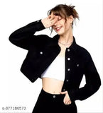 Trendy black denim long sleeve jacket, cotton material for women's fashion, solid pattern, size S (34in bust, 18in length)