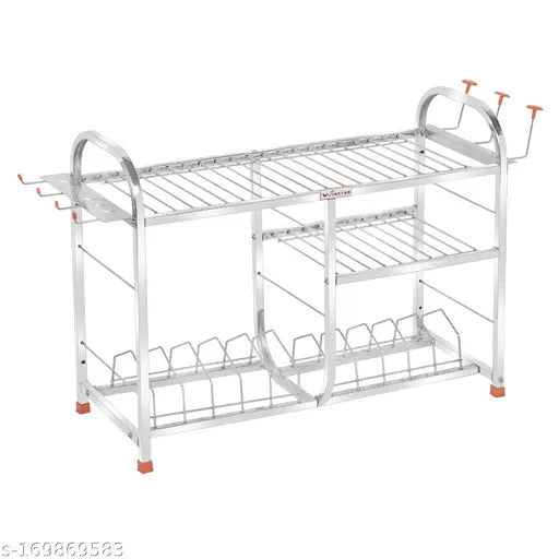 Stainless steel 3-shelf wall mount kitchen rack with a lower shelf, holding plates and cutlery. Modular design for kitchen storage