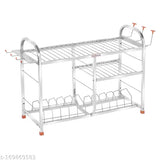 Stainless steel 3-shelf wall mount kitchen rack with a lower shelf, holding plates and cutlery. Modular design for kitchen storage