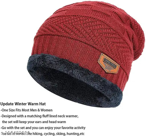 Red wool beanie, slouchy textured knit, fur net interior, winter essential