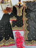 Black and gold bridal outfit with dupatta set, intricate embroidery details
