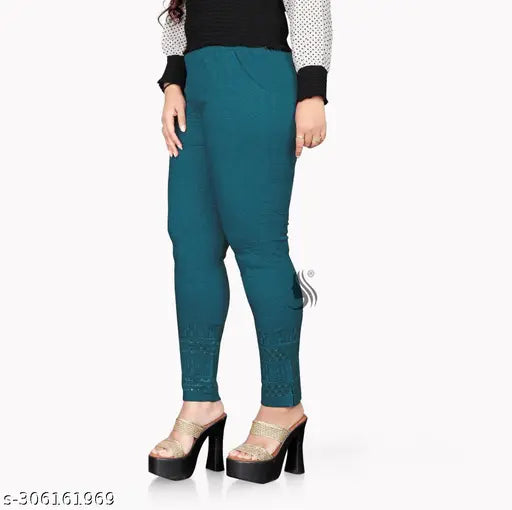Deep teal knitted cotton-lycra trousers, women's stylish regular fit for chic basics, India origin