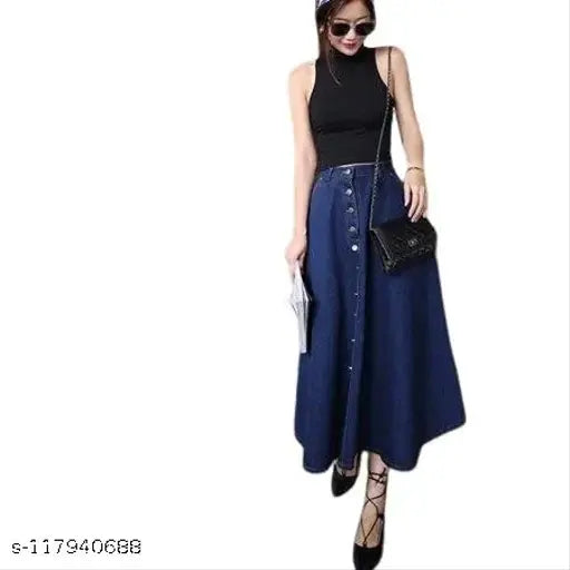 Blue denim button-up long skirt, solid pattern, size 26, 34in length