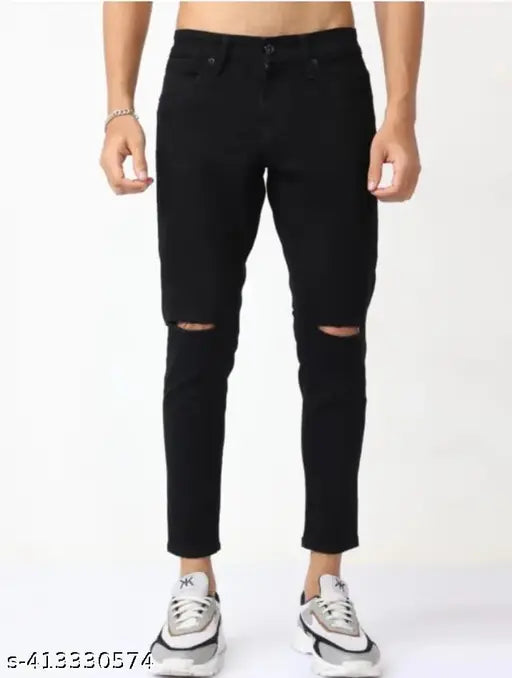 Trendy denim knee-cut black jeans, mid-rise solid pattern with five pockets and machine wash, size 30 (28in/39in/32in hips), made in India