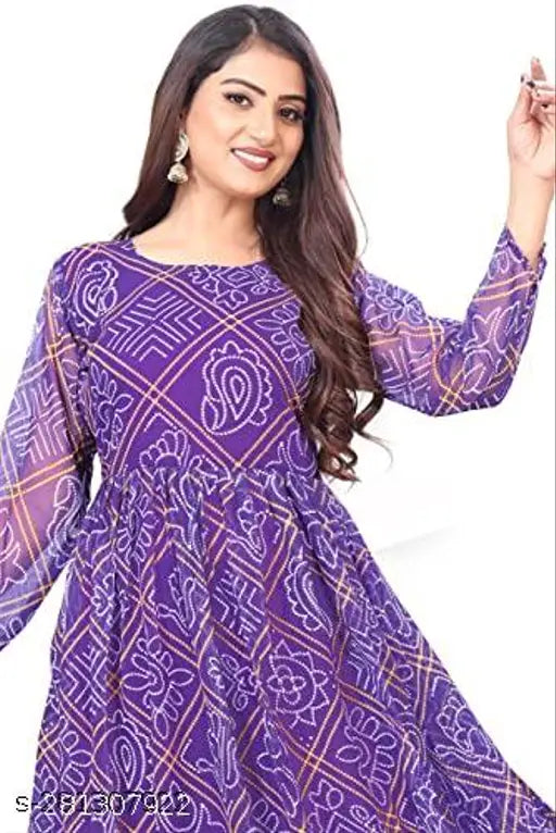Blue Bandhini Kurta with printed combo, long sleeves, digital print on heavy Georgette fabric. Indian ethnic wear for women, multiple sizes available